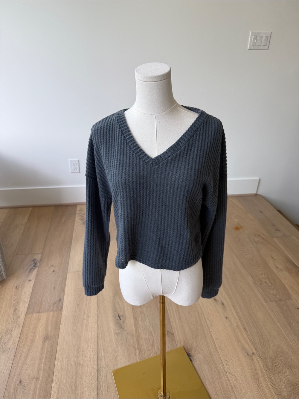 V-Neck Waffle Knit Sweater - Charcoal